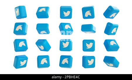 Set di 3D logo twitter con rendering in diverse angolazioni, isolati su sfondo bianco Foto Stock