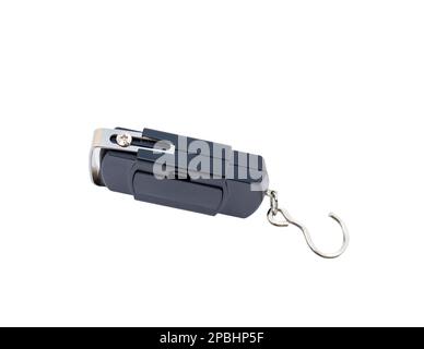 Bilancia portatile con display digitale isolato su bianco. Mini bilance  elettroniche a mano per pesca, pesata bagagli. Strumento di misurazione del  peso Foto stock - Alamy