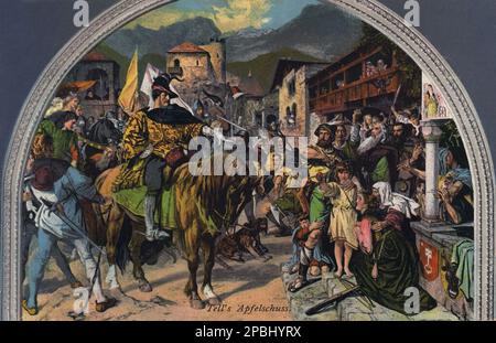 Il WILHELM RACCONTA la saga del poema di Schiller del pittore E. Stuckelberg a Tellskapelle am Vierwaldstatter-See , Zurigo , Svizzera . Riproduzione da una cartolina 1890 ca. Guglielmo Tell (in tedesco Guglielmo Tell; in francese Guillaume Tell; in italiano Guglielmo Tell) è un leggendario eroe di contestata autenticità storica che si dice abbia vissuto nel Cantone alpino di Uri in Svizzera all'inizio del 14th° secolo. Un’altra documentazione delle gesta di Tell è la Canzone della fondazione della Confederazione (in tedesco: Lied von der Entstahung der Eidgenossenschaft). Questa prima canzone sopravvissuta Tell (in tedesco: Foto Stock