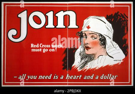 1917 , USA : American Red Cross - Iscriviti - Red Cross il lavoro deve continuare! Tutto ciò di cui avete bisogno è un cuore e un dollaro. Poster artwork del pittore Dexter - CROCE ROSSA - ferito - beato - GUERRA MONDIALE i - prima GUERRA Mondiale - Grande Guerra - Grande Guerra - foto storiche storica - locandina - poster - incisione - illustrazione - manifrazione - FOTO DI STORIA - FOTO di STORIA - incisioni - AFFICHE - cocerossina - infermiere ---- Archivio GBB Foto Stock