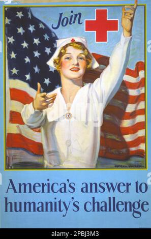 1917 , USA : Croce Rossa americana - la risposta dell'America alla sfida dell'umanità . Poster che mostra un'infermiera della Croce Rossa che gestura davanti a una bandiera americana. Poster dell'artista Hayden Hayden , Snyder & Black Inc. N.Y. - CROCE ROSSA - ferito - beato - GUERRA MONDIALE i - prima GUERRA Mondiale - Grande Guerra - Grande Guerra - foto storiche storica - locandina - poster - incisione - illustrazione - ILLUSTRAZIONE - FOTO DI STORIA - manifesto - AFFRESCHI - cocerossina - infermiera - bandiera americana ---- Archivio GBB Foto Stock