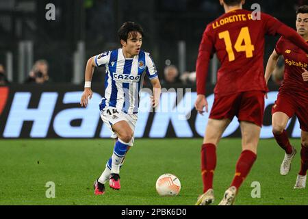 Takefusa Kubo (Real Sociedad) durante la partita di calcio della UEFA Europa League 2022-2023 tra AS Roma e Real Sociedad allo Stadio Olimpico di Roma Foto Stock