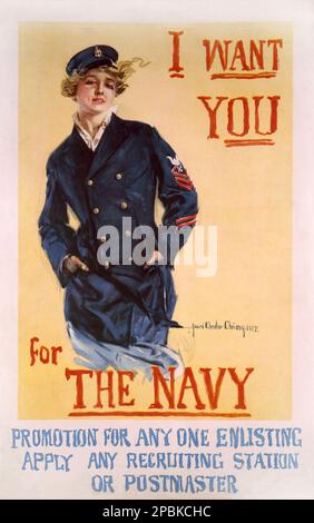 1917 , USA : il poster americano della propaganda ' i WANT YOU FOR THE NAVY ' dell'artista HOWARD CHANDLER CHRISTY ( 1873 - 1952 ) - LA GUERRA MONDIALE i - WW - GRANDE GUERRA - GRANDE GUERRA - PRIMA GUERRA Mondiale - foto storiche storica - locandina - poster - arruolare - ESERCITO - MARINA - incisione - illustrazione - ILLUSTRAZIONE - FOTO DI STORIA - manifesto - AFFARI - campagna di RECLUTAMENTO TRUPPE - arruolamento - marinaio - cappello - cappello - CARTELLONE - CARTELLONISMO - ARTE - ARTE - divisa uniforme militare - marinaio - uniforme militare --- Archivio GBB Foto Stock