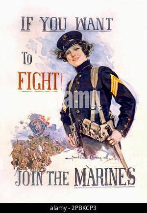 1915 , USA : il manifesto della propaganda americana ' VOGLIO CHE COMBATTIATE . UNISCITI AI MARINES' DELL'ARTISTA HOWARD CHANDLER CHRISTY ( 1873 - 1952 ) . Poster che mostra un ritratto di mezza lunghezza di una donna in uniforme militare, E una scena di guerra in trincea con truppe che portano la bandiera degli Stati Uniti e la bandiera dei Marini .- GUERRA MONDIALE i - WW - GRANDE GUERRA - GRANDE GUERRA - PRIMA GUERRA Mondiale - foto storiche storica - locandina - poster - arruolare - ESERCITO - incisione - illustrazione - Illustrazione - FOTO DI STORIA - manifesto - AFFARI - campagna di RECLUTAMENTO TRUPPE - arruolamento - cappello - cappello - cappello - CA Foto Stock