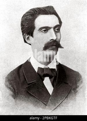 Lo scrittore italiano EMILIO DE MARCHI ( 1851 - 1901 ), inventore del romanzo Noir con il romanzo il CAPPELLO DEL PRETE . - SCAPIGLIATURA MILANESE - ritratto - ritratto - colletto - colletto - cravatta - baffi - LETTERATO - SCRITTORE - LETTERATURA - LETTERATURA - STORIA - FOTO STORICHE ---- Archivio GBB Foto Stock