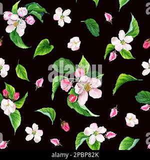 Modello senza cuciture con fiori, germogli e foglie di mela. Illustrazione con acquerello isolata su sfondo nero Foto Stock
