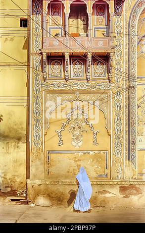 Donna che indossa sari alla città murata, Jaipur, Rajasthan, India Foto Stock