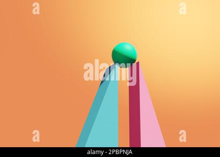 Una sfera è in equilibrio tra due forme a triangolo. Concetti di pressione, equilibrio, tensione o stress. Astratto minimalista forme geometriche sfondo. 3D Foto Stock