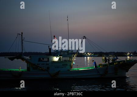 (230313) -- FUKUSHIMA, 13 marzo 2023 (Xinhua) -- le barche da pesca sono illustrate avvicinandosi alla riva nella città di Soma, Prefettura di Fukushima, Giappone, 8 marzo 2023. Colpita da un terremoto di magnitudo-9,0 e dallo tsunami che ha colpito il nord-est del Giappone il 11 marzo 2011, la centrale ha subito crolli, con un incidente nucleare di livello 7, il più alto della scala internazionale degli eventi nucleari e radiologici. Dodici anni dopo l'incidente del 2011 che ha traumatizzato l'industria della pesca di Fukushima, i pescatori locali lottano ancora per la ripresa. Mentre il Giappone va avanti con lo scarico di tonnellate di contaminanti Foto Stock