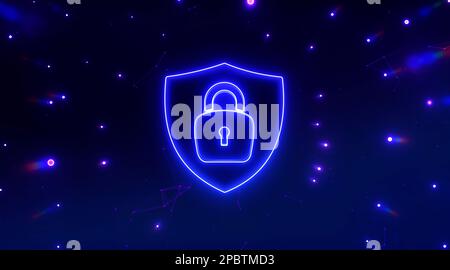 Lucchetto chiuso al neon. Concetto di protezione dei dati, tecnologia di sicurezza informatica. illustrazione 3d. Foto Stock
