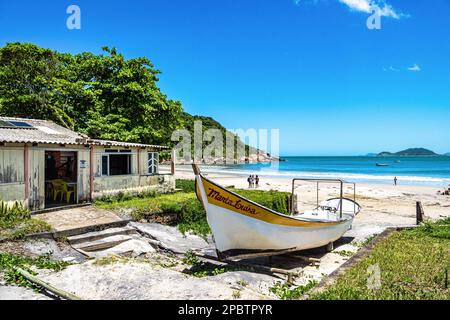 Acqua verde-blu turchese trasparente sulla spiaggia di Naufragados a Florianopolis, Santa Catarina, Brasile. Una meta di vacanza paradisiaca con mare Foto Stock