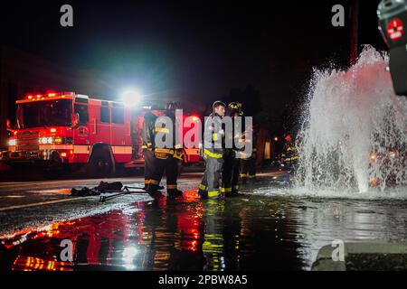 Alameda, Stati Uniti. 12th Mar, 2023. I vigili del fuoco lavorano sull'idrante. Un idrante antincendio situato sulla strada a Central Ave in Alameda, California, è stato schiacciato da un'auto il 12 marzo. L'acqua sotto l'idrante del fuoco uscì e allagò la strada. I vigili del fuoco dell'Alameda hanno risposto per risolvere questo problema e hanno impedito all'acqua di uscire. Credit: SOPA Images Limited/Alamy Live News Foto Stock