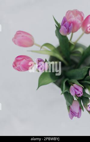 Un bouquet con tulipani closeup in un vaso bianco sulla neve. Foto Stock