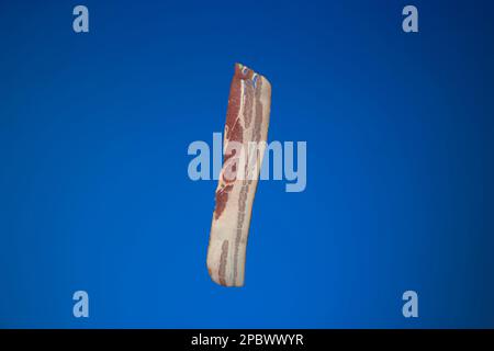 Striscia di pancetta cruda o fetta . Primo piano ripresa in studio, isolata su sfondo blu. Foto Stock