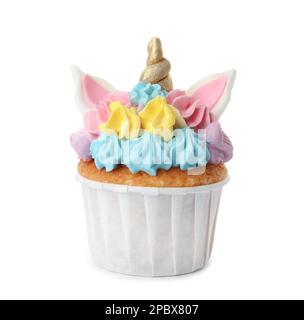 Tortini dolci e carini di unicorno isolati su bianco Foto Stock