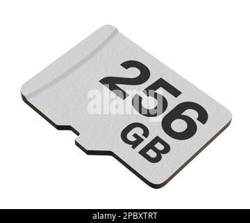 Scheda di memoria con capacità di 256 GB, disco di archiviazione flash MicroSD isolato su sfondo bianco. Illustrazione 3D Foto Stock