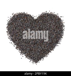 Seme di papavero di oppio nero a forma di cuore isolato su sfondo bianco Foto Stock