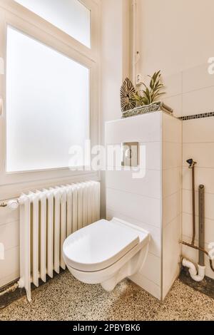 Interno di bagno moderno con servizi igienici a parete e radiatore vicino alla finestra dell'appartamento Foto Stock