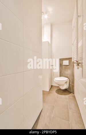 Design interno della stanza da bagno in colore bianco e grigio con toilet e scaldasalviette decorate con pavimento in piastrelle di ceramica e pareti con soffitto alto Foto Stock