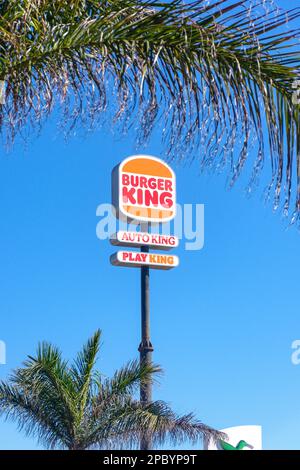 Cartello del ristorante fast food Burger King, Avenue Ntra. SRA. Del Carmen, Corralejo, Fuerteventura, Isole Canarie, Regno di Spagna Foto Stock