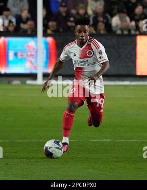 12 marzo 2023: Latif Blessing, New England Revolution Forward, fa parte della squadra del campionato LAFC lo scorso anno ed è stato accolto dai tifosi del LAFC con una standing ovation e una presentazione del suo anello di campionato all'inizio della partita. Il LAFC ha sconfitto la Rivoluzione del New England 4-0 al Bom Stadium, Los Angeles, California, USA, 12 marzo 2023. (Credit Image: © Scott Mitchell/ZUMA Press Wire) SOLO PER USO EDITORIALE! Non per USO commerciale! Foto Stock