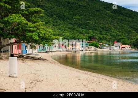 Case colorate a Ribeirao da Ilha villaggio e costa oceanica con montagna Foto Stock