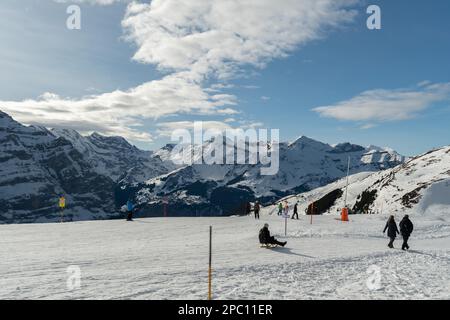 Eigergletscher, Canton Berna, Svizzera, 11 febbraio 2023 Vista panoramica sulle alpi innevate in una soleggiata giornata invernale Foto Stock