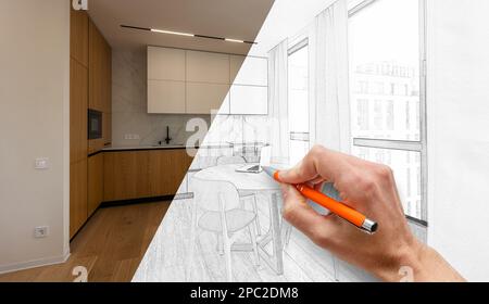 Mano umana con matita che fanno il progetto di design di bagno moderno con interni eleganti Foto Stock