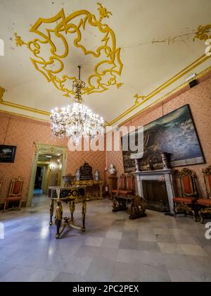 Salotto rosa nel palazzo aristocratico in stile barocco Filangeri-Cutò, noto anche come Palazzo Mirto - Palermo, Sicilia, Italia Foto Stock