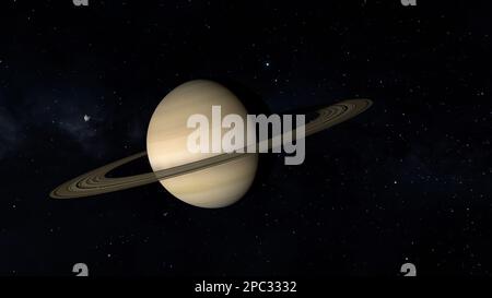 Sonda spaziale che si avvicina al pianeta Saturno. Illustrazione 3D. Foto Stock