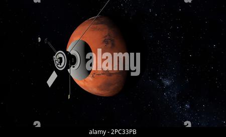 Sonda orbitante il pianeta Marte. illustrazione 3d. Foto Stock