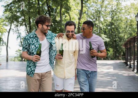 amici interrazziali spensierati ed eleganti che abbracciano e tengono la birra durante la passeggiata estiva nel parco cittadino, immagine di scorta Foto Stock