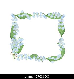 Lily-of-the-valle fiore cornice quadrata, composizione floreale, acquerello simbolo di illustrazione di primavera e felicità disegnate a mano piante bianche per la greetina Foto Stock