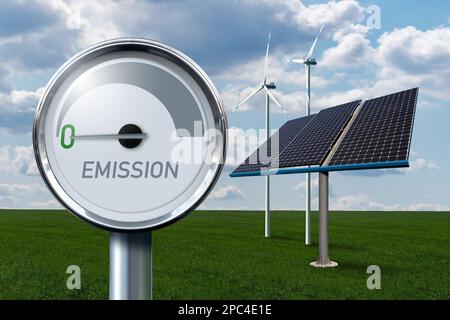 Indicatore con EMISSIONE scritta. La freccia punta a zero. Concetto di energia verde. Foto Stock