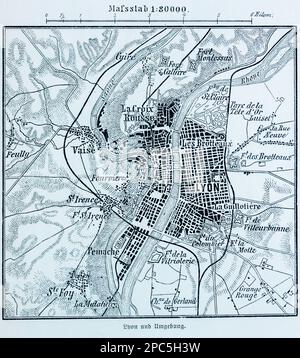 Mappa della città di Lione e dintorni, Lione sul fiume Rodano, Francia, Europa meridionale, illustrazione 1896 Foto Stock