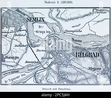 Mappa della città di Belgrado sul Danubio e dintorni, Belgrado, Serbia, Europa sudorientale, illustrazione 1896 Foto Stock