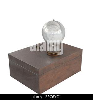 Una scatola di legno con un interruttore e una lampadina 3D che rende Foto Stock