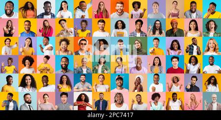 Collage creativo con molti volti multiculturali sorridenti su sfondi colorati Foto Stock