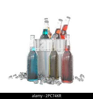 Secchio per ghiaccio in 3D con 3 bottiglie di soda di colore diverso Foto Stock