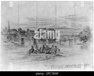 Soldati feriti che attraversano il fiume Rappahannock a Fredericksburg su un flatboat--dopo la battaglia della Wilderness / EF.. Morgan collezione di disegni della Guerra civile. Deserto, Battaglia del, va, 1864, movimenti di truppa, 1860-1870, Military Personnel, Union, 1860-1870, Stati Uniti, Storia, Guerra civile, 1861-1865, Campagne e battaglie, Stati Uniti, Virginia, Fredericksburg Foto Stock