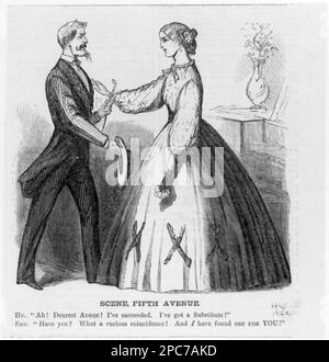 Scene, Fifth Avenue. Titolo dell'articolo, Illus. Da: Harper's Weekly, v. 6, no 296 (1862 agosto 30), pag. 560. Progetto (Servizio militare), 1860-1870, Relazioni tra i sessi, 1860-1870, Coppie, 1860-1870, Donne, Abbigliamento & vestito, 1860-1870, Stati Uniti, Storia, Guerra civile, 1861-1865, Recruiting & Enlistment. Foto Stock