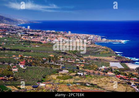 Vista sulla valle di Orotava fino a Teide e Puerto de la Cruz, Tenerife, Isole Canarie, Spagna, Europa Foto Stock