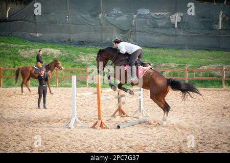Il brivido dello sport equestre: Uomo e cavallo salti in perfetta sincronia. The Art of Manege Jumping: Osserva le spettacolari prodezze dell'uomo e del cavallo. Foto Stock