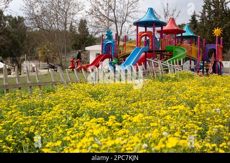 Parco giochi in plastica con stazioni di gioco nella natura rigenerata. Con l'arrivo della primavera, sia la natura che i parchi per bambini divennero un concetto vivace. Foto Stock