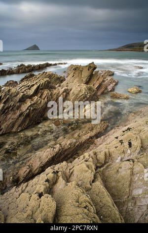 Vista di spiaggia rocciosa, la distanza, Baia, Devon, Inghilterra, Marzo, con Wembury Point e Great Mewstone Island Foto Stock