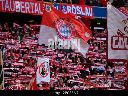 Curva Sud, sciarpe, blocco ventola, ventole, curva ventola, Bandiere, striscioni, atmosfera, atmosferica, FC Bayern Monaco FCB, Allianz Arena, Monaco, Baviera, Germa Foto Stock