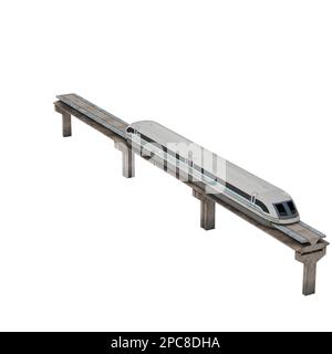Un moderno treno ad alta velocità bianco bullet è visto viaggiare lungo binari sopraelevati su un ponte sopra un corpo d'acqua Foto Stock