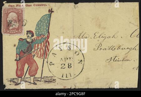Busta della Guerra civile che mostra Elmer Ellsworth con spada, pistola e bandiera americana con messaggio "una bandiera, un paese". Liljenquist Famiglia Collezione di fotografie della Guerra civile , pp/liljmem. Ellsworth, E. e, (Elmer Ephraim), 1837-1861, soldati, Union, 1860-1870, Flags, americano, 1860-1870, Stati Uniti, Storia, Guerra civile, 1861-1865, aspetti sociali. Foto Stock
