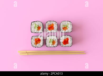 Set di sei mini panini con riso, salmone, cetriolo e avocado. Il set di sushi è isolato su uno sfondo rosa, vista dall'alto. Foto Stock