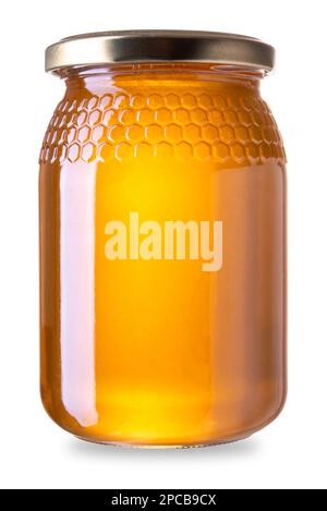 Vaso di vetro di miele, miele d'arancia, isolato su bianco con percorso di ritaglio incluso Foto Stock